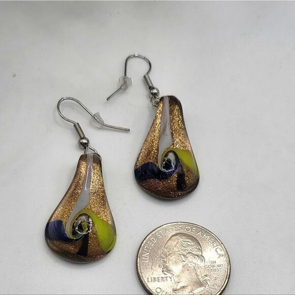 "5/$25" Vintage Dichroic Art Glass Gold Foil Dangle Earrings - Picture 3 of 8